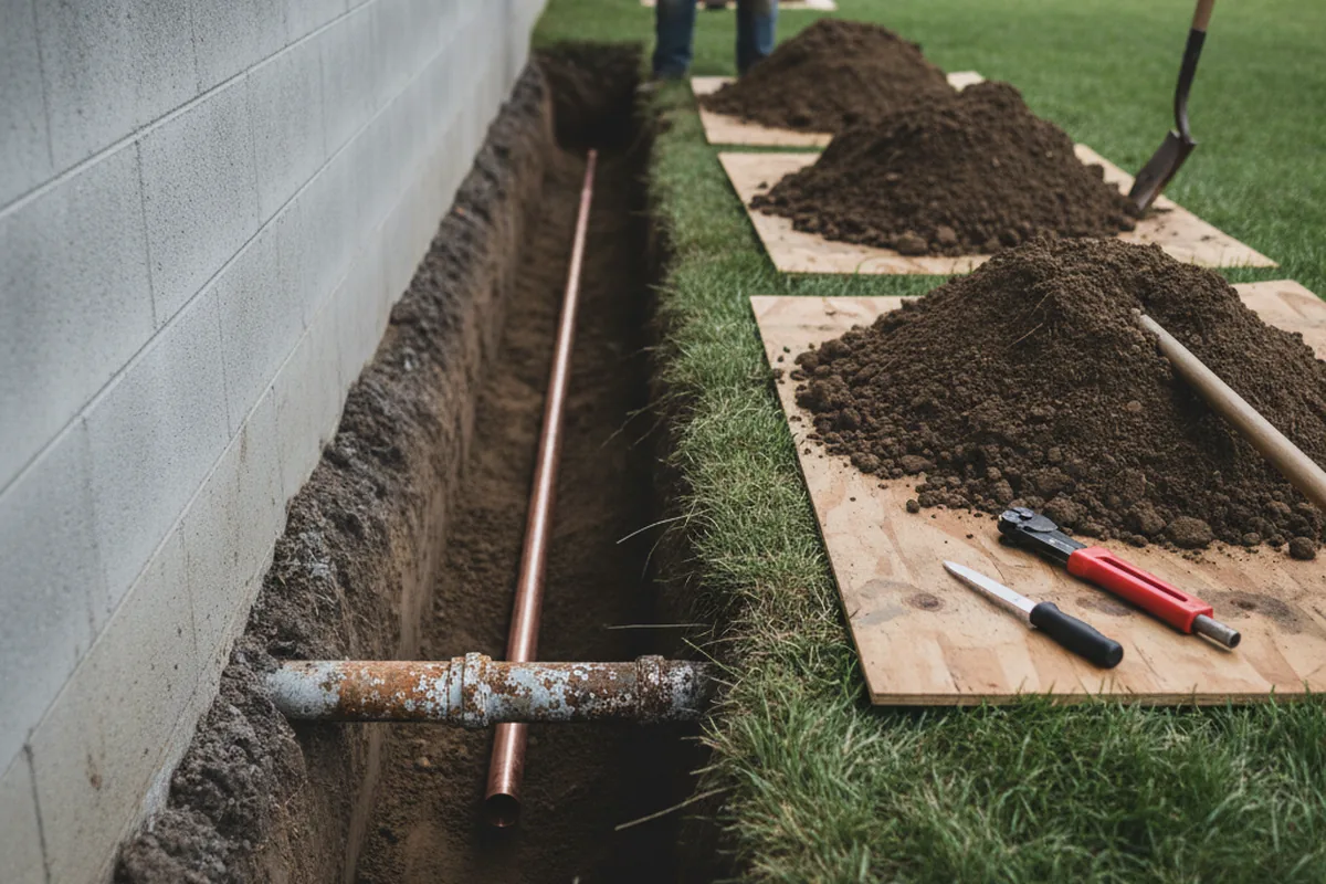 Excavated water line trench during Water Softener Installation in Crozier